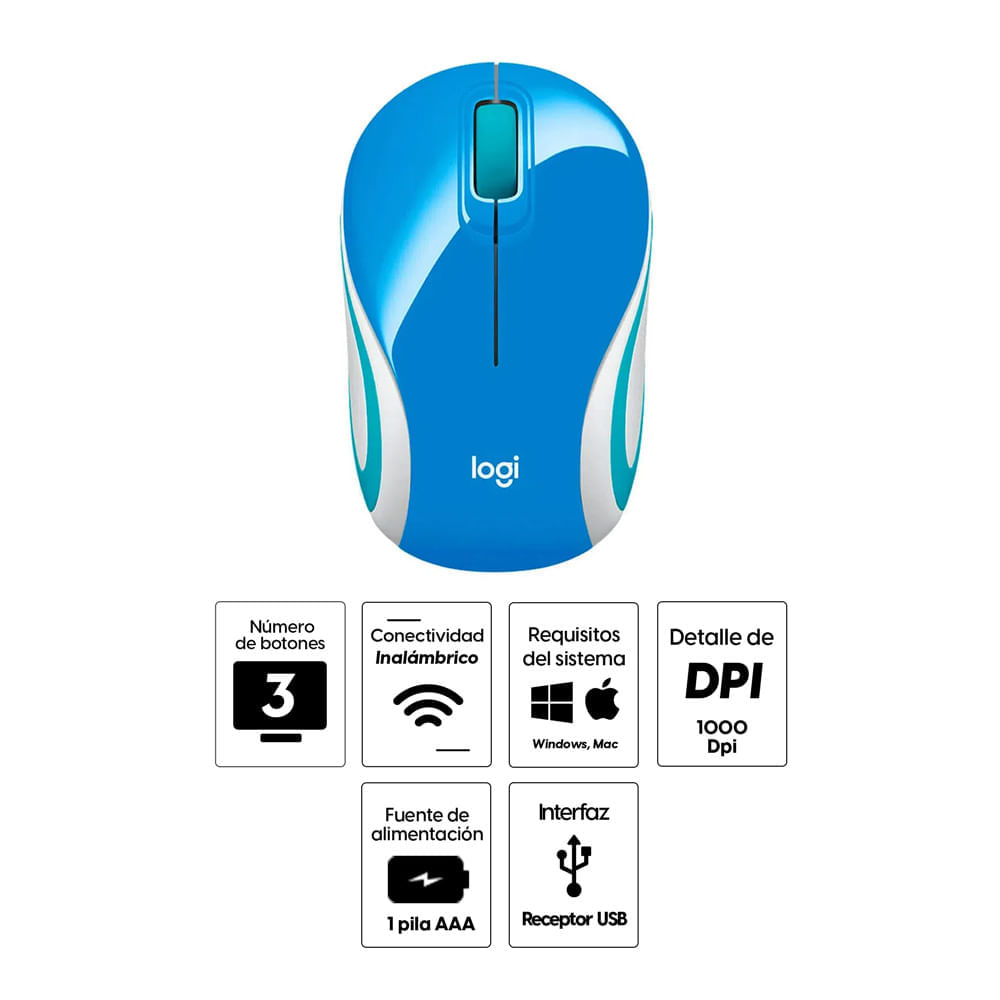 Imagen 2 del producto Reacondicionado: Mouse mini inalámbrico Logitech M187 receptor usb, 1000 dpi, 3 botones, usa pila, azul
