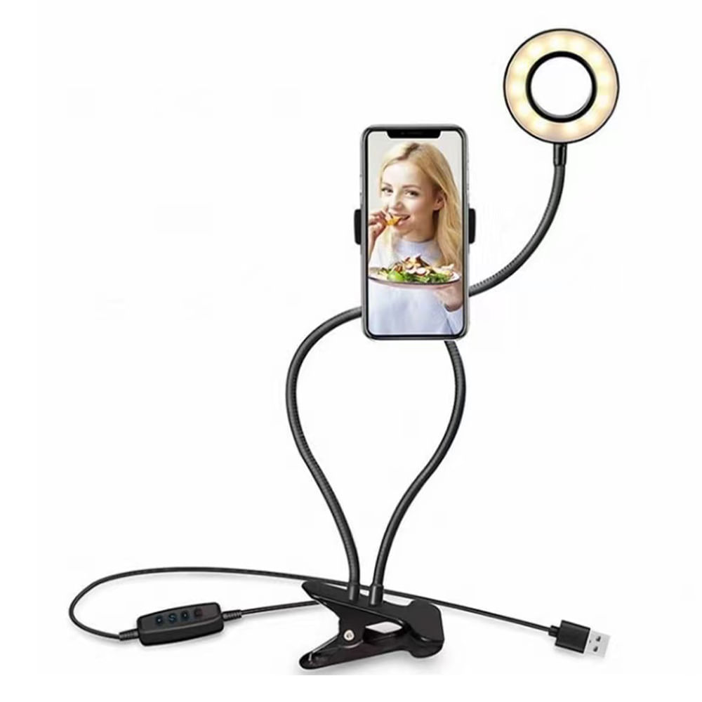 Aro de luz Roadtrip 3" con soporte celular, luz de relleno y cálida, brazo flexible, diseño compacto y portátil