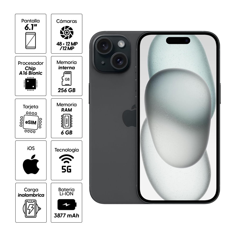 Imagen 2 del producto iPhone 15 256GB, 6GB RAM, cámara trasera 48MP y frontal 12MP, 6.1"", negro
