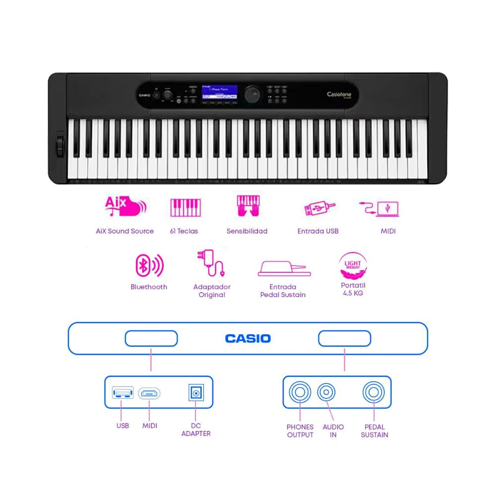 Imagen 2 del producto Teclado digital Casio CT-S410 61 teclas, 200 canciones, pantalla LCD, negro + Funda