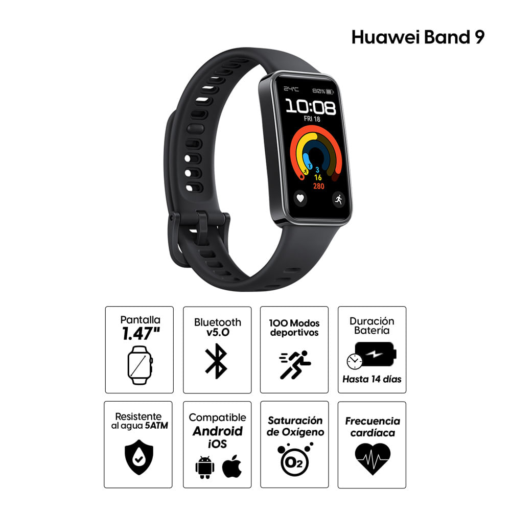 Imagen 2 del producto Smartwatch Huawei Band 9 pantalla 1.47""/ AMOLED, resistente al agua 5ATM, batería hasta 14 días, 100 modos deportivos, negro