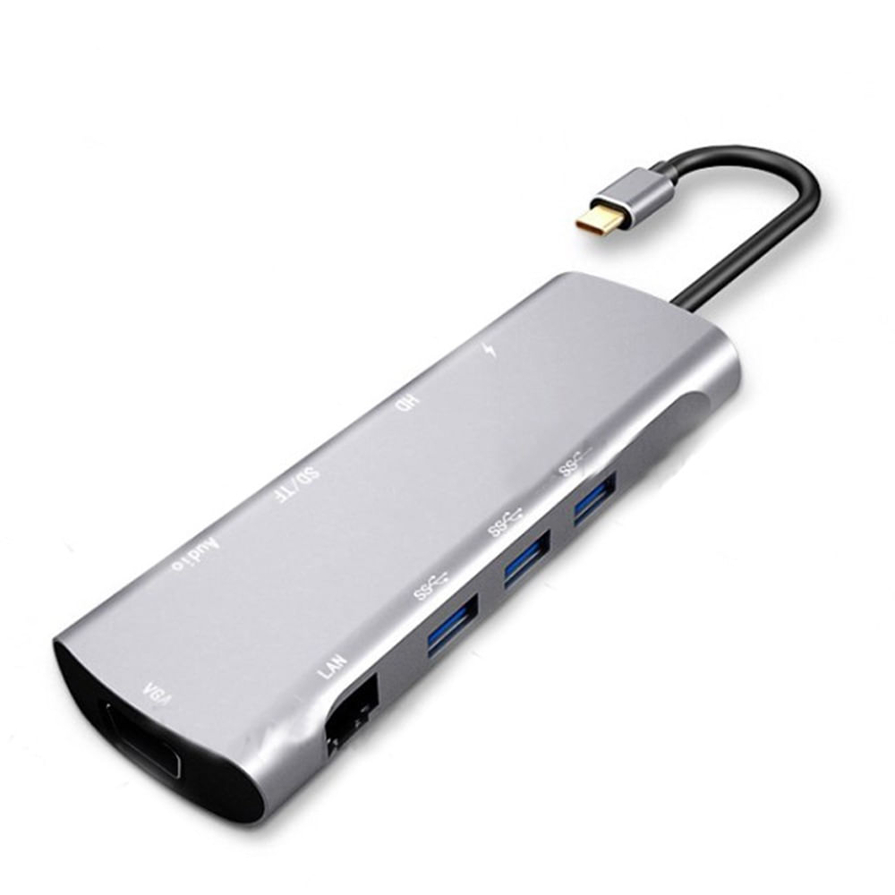 Hub 10 en 1, conector USB tipo-c con puertos USB 3.0, tipo-c, RJ45, HDMI, VGA, SDXC, Micro SDXC, 3.5 mm