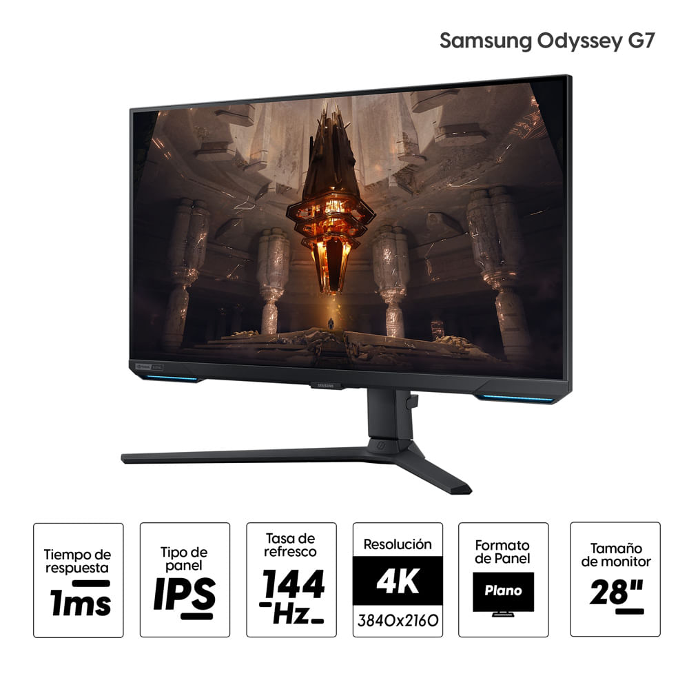 Imagen 2 del producto Monitor gamer plano 28"" Samsung Odyssey G7 LS28BG700ENXGO Panel IPS, UHD(3840 x 2160), 144 Hz, 1ms, entradas HDMI/ DisplayPort, FreeSync Premium Pro