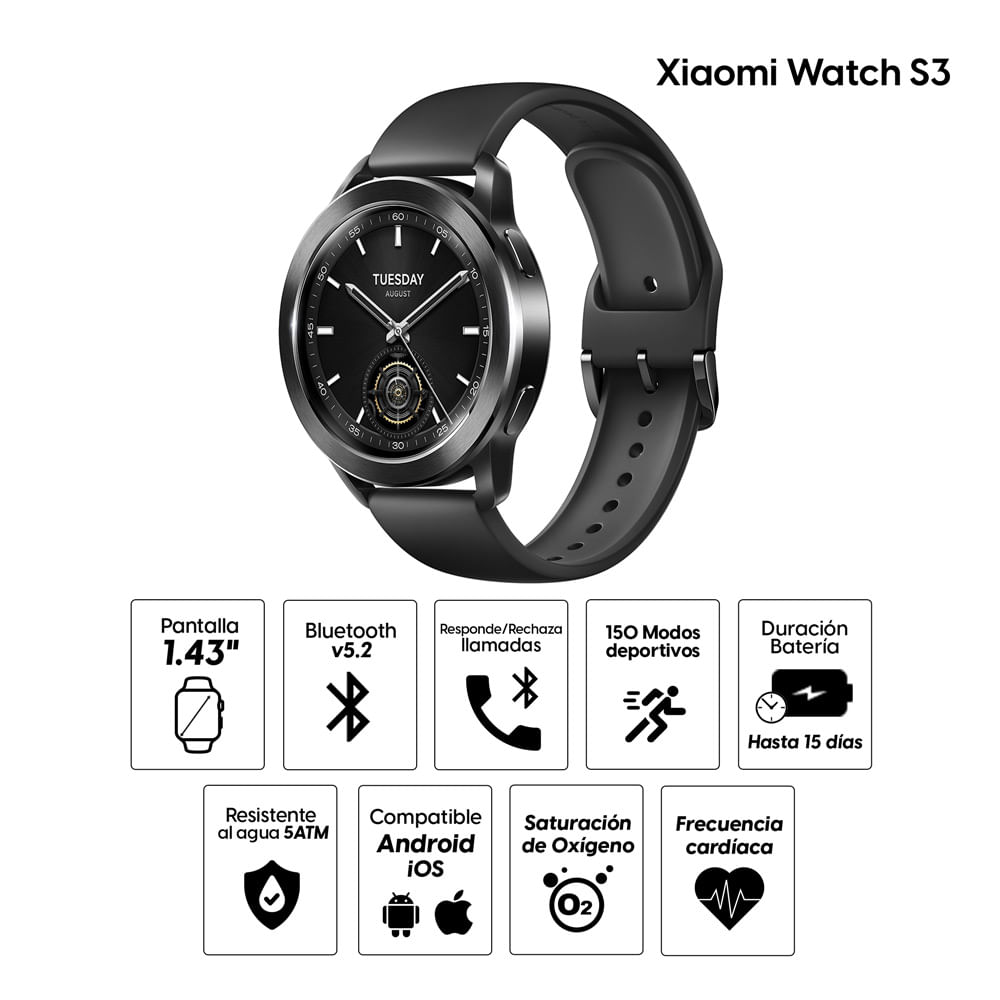 Imagen 2 del producto Smartwatch Xiaomi Watch S3, pantalla 1.43""/ AMOLED, GPS, resistente al agua 5 ATM, batería hasta 15 días, 150 modos deportivos, negro