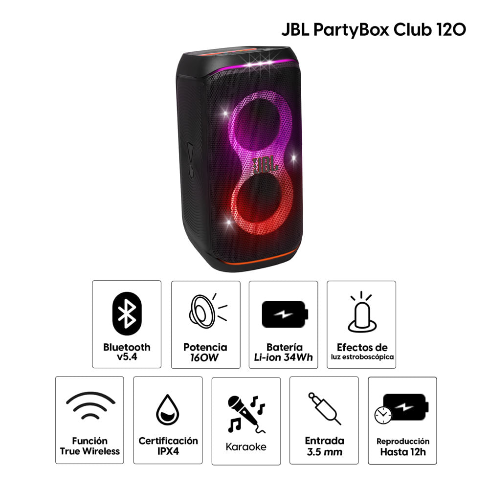 Imagen 2 del producto Parlante de torre bluetooth JBL PartyBox Club 120 potencia 160W, resistente al agua IPX4, baterías hasta 12 horas, con luces, negro