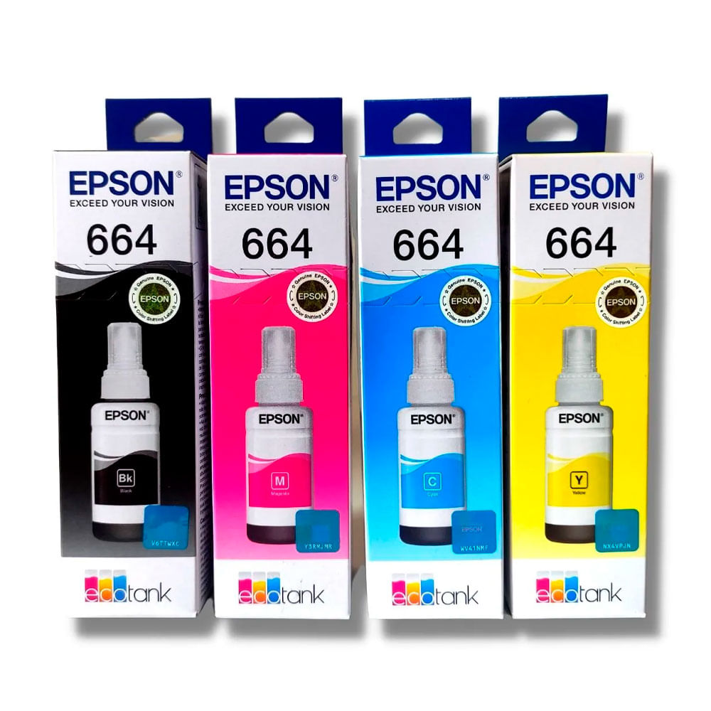 Imagen 1 del producto Botellas de tinta Epson 664 EcoTank, negro, amarillo, cyan y magenta, 70ml, impresión a color