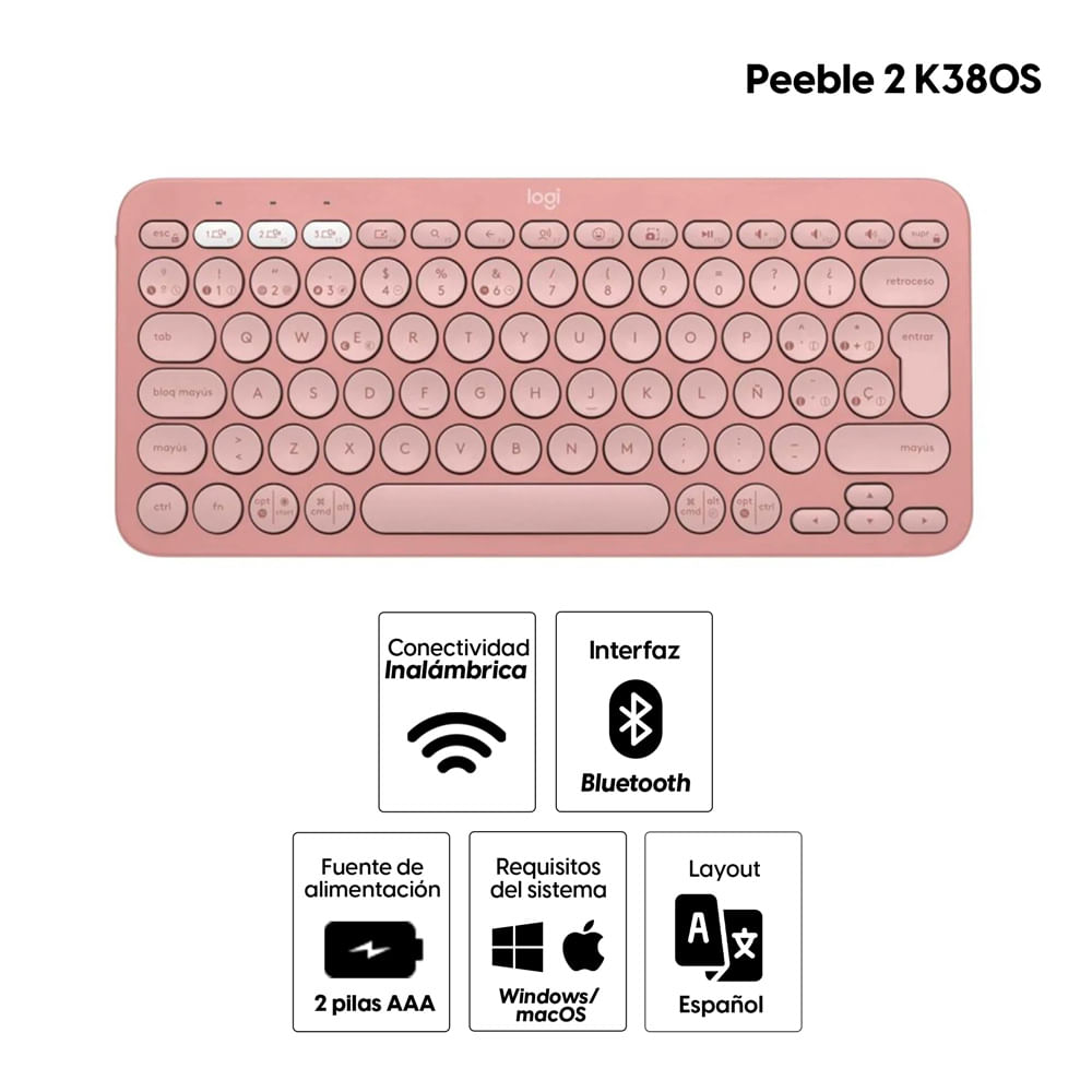 Imagen 2 del producto Teclado inalámbrico Logitech Peeble 2 K380S bluetooth, multidispositivo, layout español, usa pilas, rosado