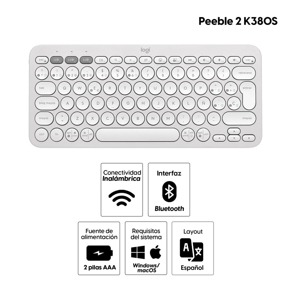 Imagen 2 del producto Teclado inalámbrico Logitech Peeble 2 K380S bluetooth, multidispositivo, layout español, usa pilas, blanco