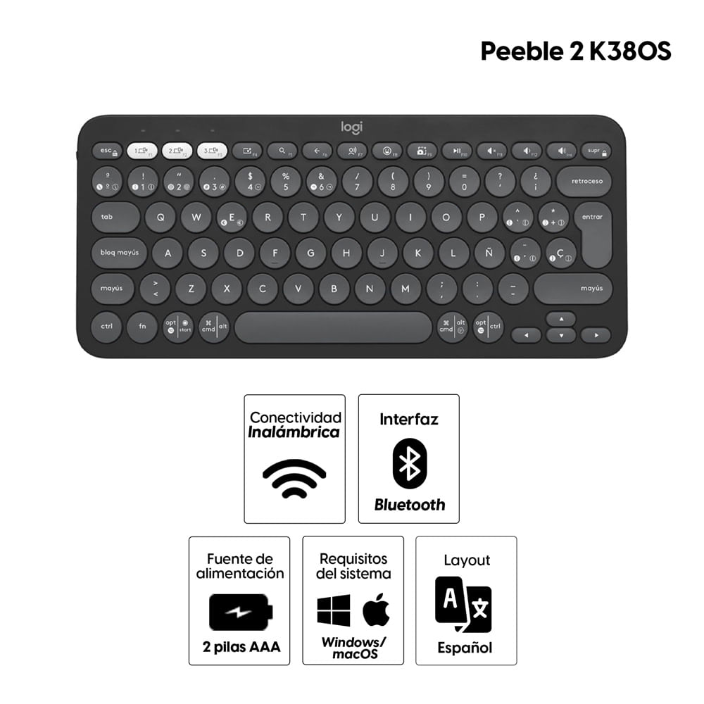 Imagen 2 del producto Teclado inalámbrico Logitech Pebble 2 K380S Bluetooth, membrana, español, grafito