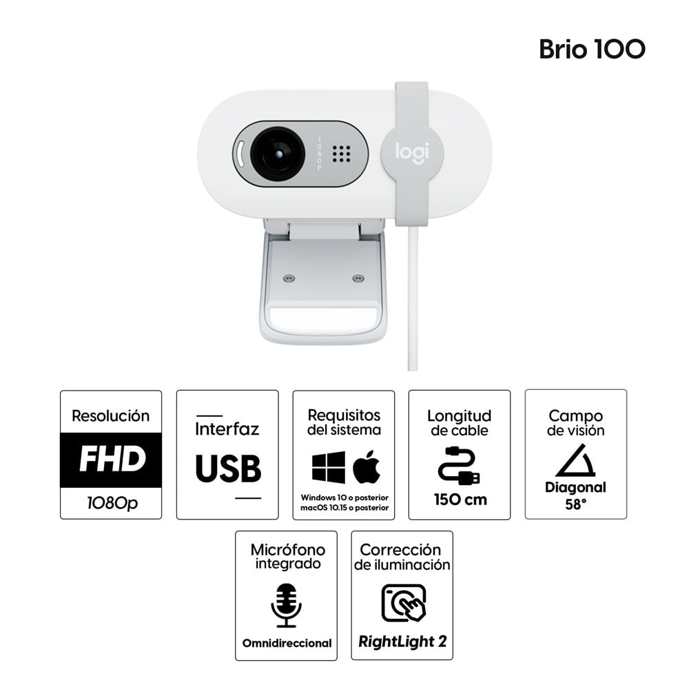 Imagen 2 del producto Cámara web Logitech Brio 100 FHD 1080p, conexión USB, micrófono integrado, tapa de privacidad, cable 1.5 m, blanco