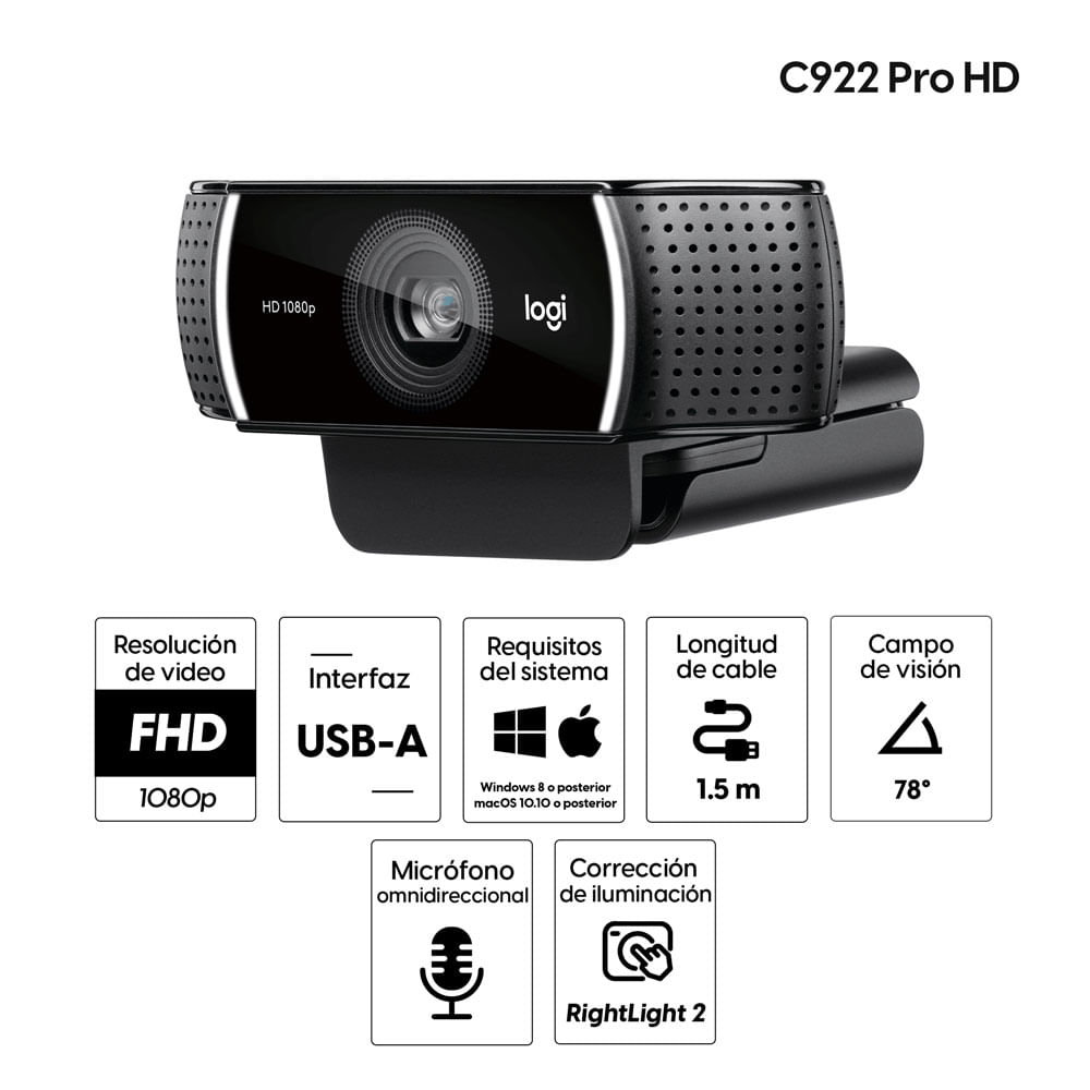 Imagen 2 del producto Cámara web Logitech C922 Pro Stream, Full HD 1080p, con micrófono integrado, conexión USB, negro