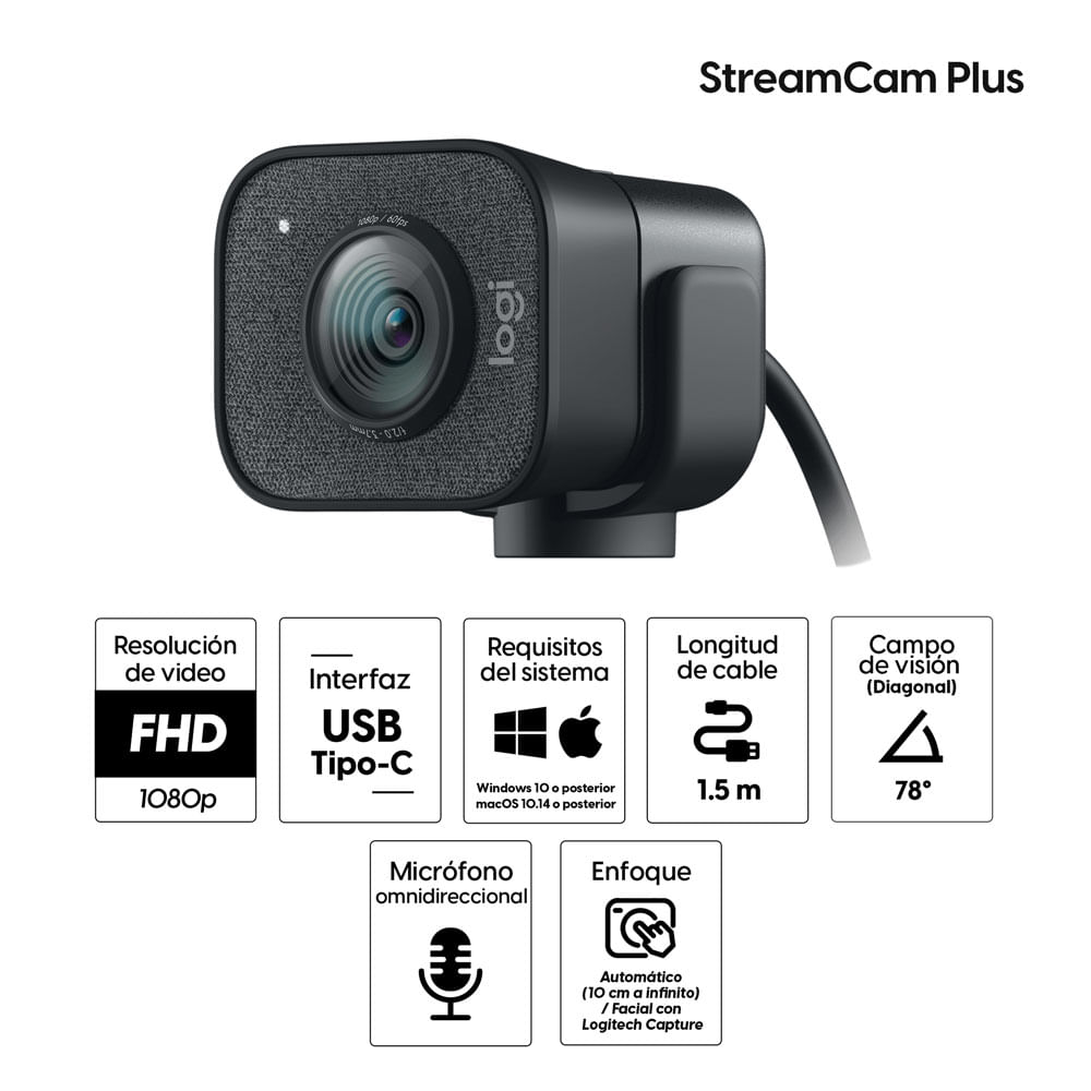 Imagen 2 del producto Cámara web Logitech StreamCam Plus FHD 1080p, conexión USB Tipo-C, micrófono integrado, enfoque automático, cable 1.5 m (reempacado)
