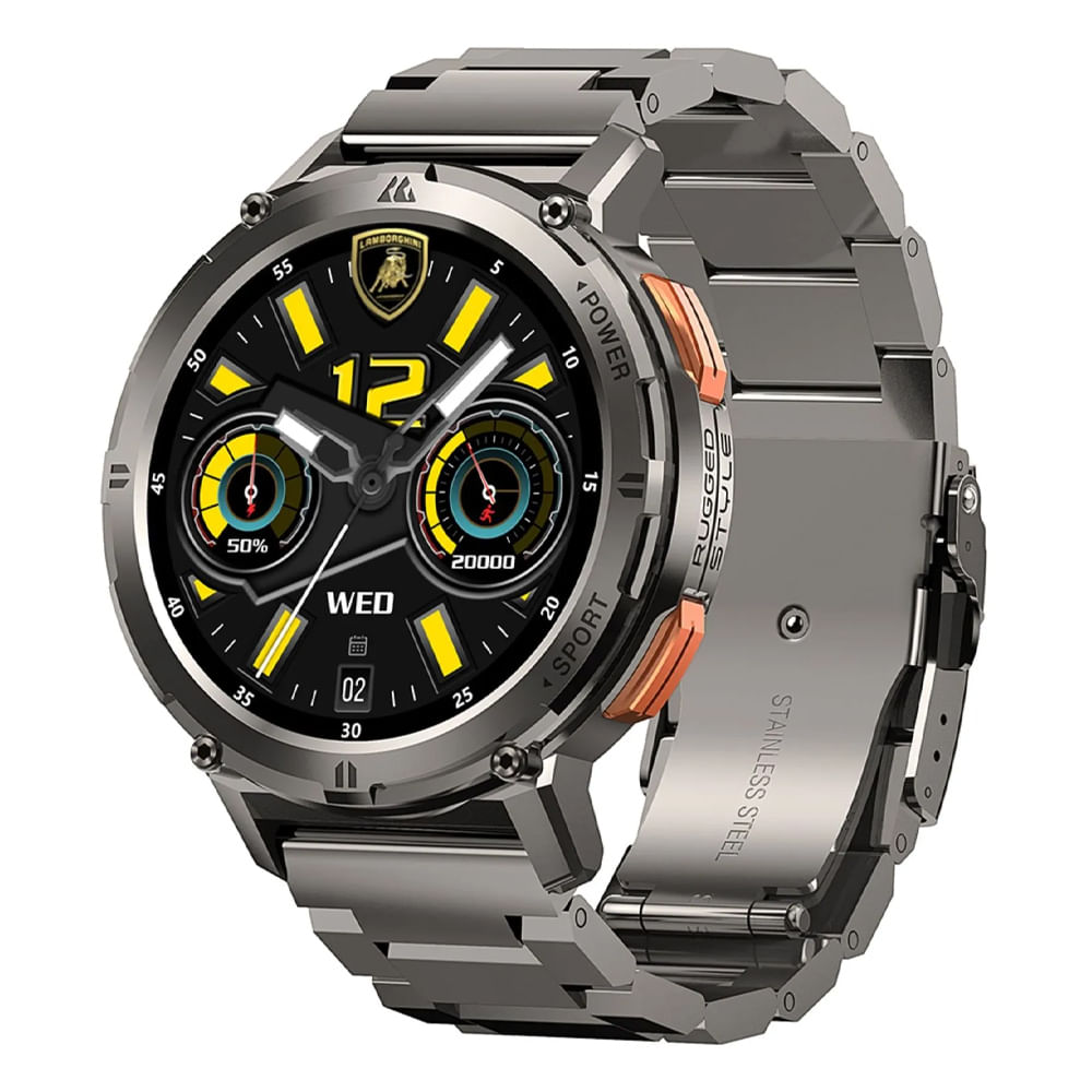 Smartwatch Lamborghini Aventador Cerchio Metal pantalla AMOLED 1.43", resistente al agua 5 ATM, batería hasta 15 días, 70 modos deportivos, plateado