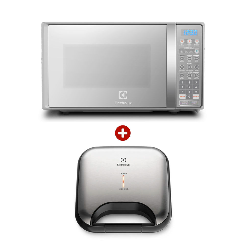 Combo Electrolux: Microondas EMDO20S2GSRUG 900W, capacidad 20 litros, plata + Sandwichera Efficient ESG20 750W, 2 sándwiches, inox