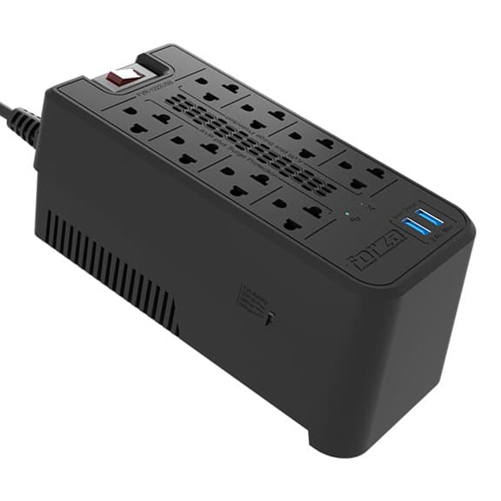 Imagen 1 del producto Estabilizador de voltaje Forza FVR-1222USB 1200VA/600W, 8 salidas, 2 puertos USB-220V, largo de cable 1.5 m, negro
