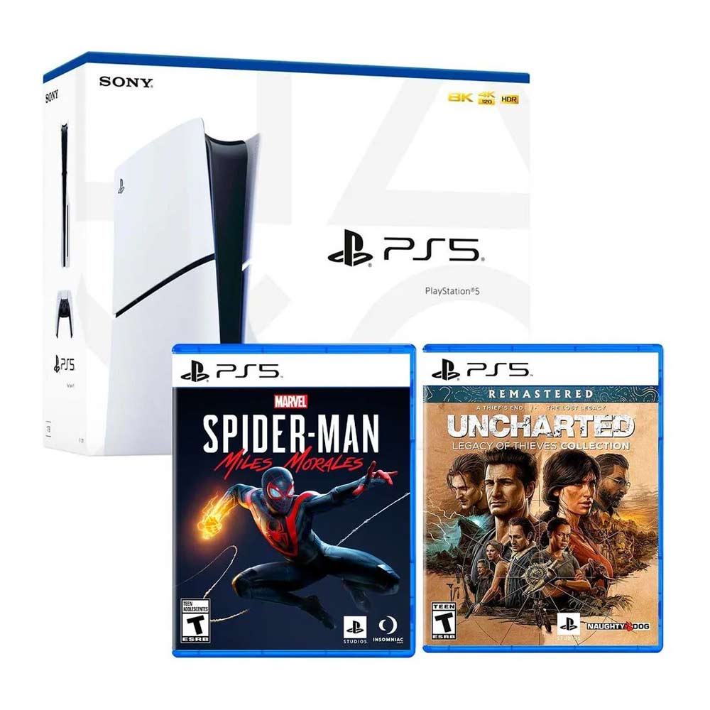 Consola Playstation 5 Slim con lector de discos, 1TB + SpiderMan Miles Morales + Uncharted Legacy of Thieves Collection