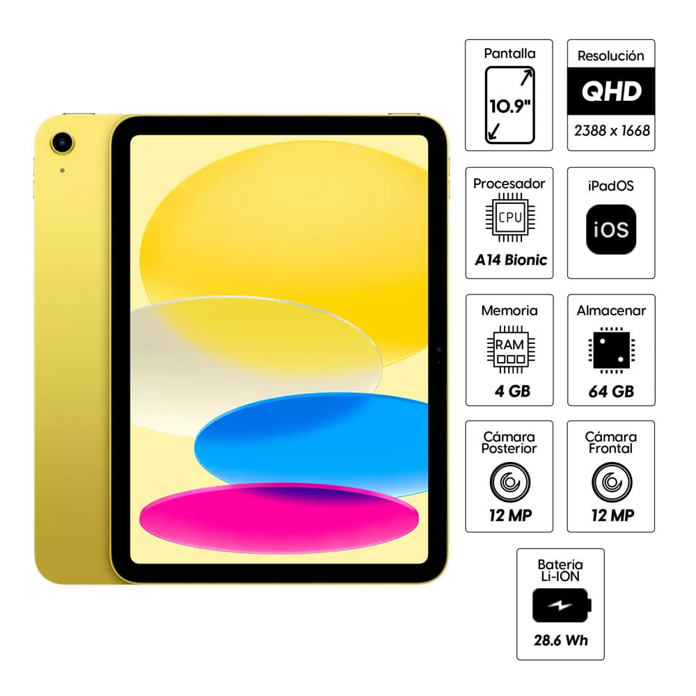 Imagen 2 del producto iPad (10ma Gen) 10.9"" Wi-Fi, 64GB, 4GB RAM, cámara principal 12MP y frontal 12MP, A14 Bionic, 28.6Wh, amarillo