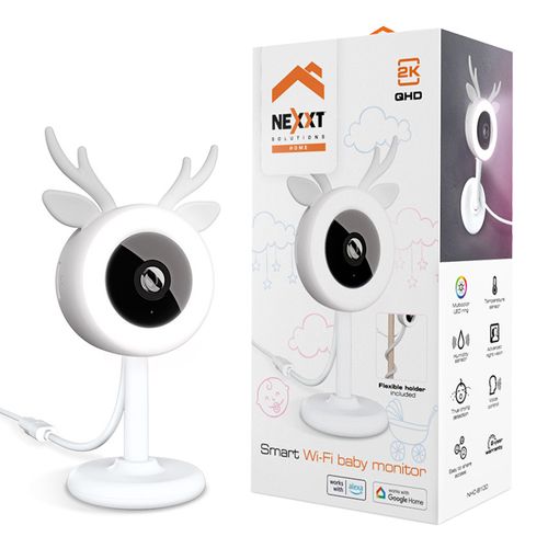 Cámara de seguridad interna Nexxt NHC-B100 Monitor bebe 2K, Wi-Fi, visión nocturna, detección de llanto, anillo multicolor, sensor de humedad