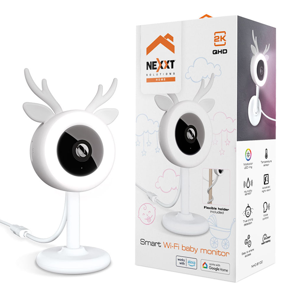 Cámara de seguridad interna Nexxt NHC-B100 Monitor bebe 2K, Wi-Fi, visión nocturna, detección de llanto, anillo multicolor, sensor de humedad
