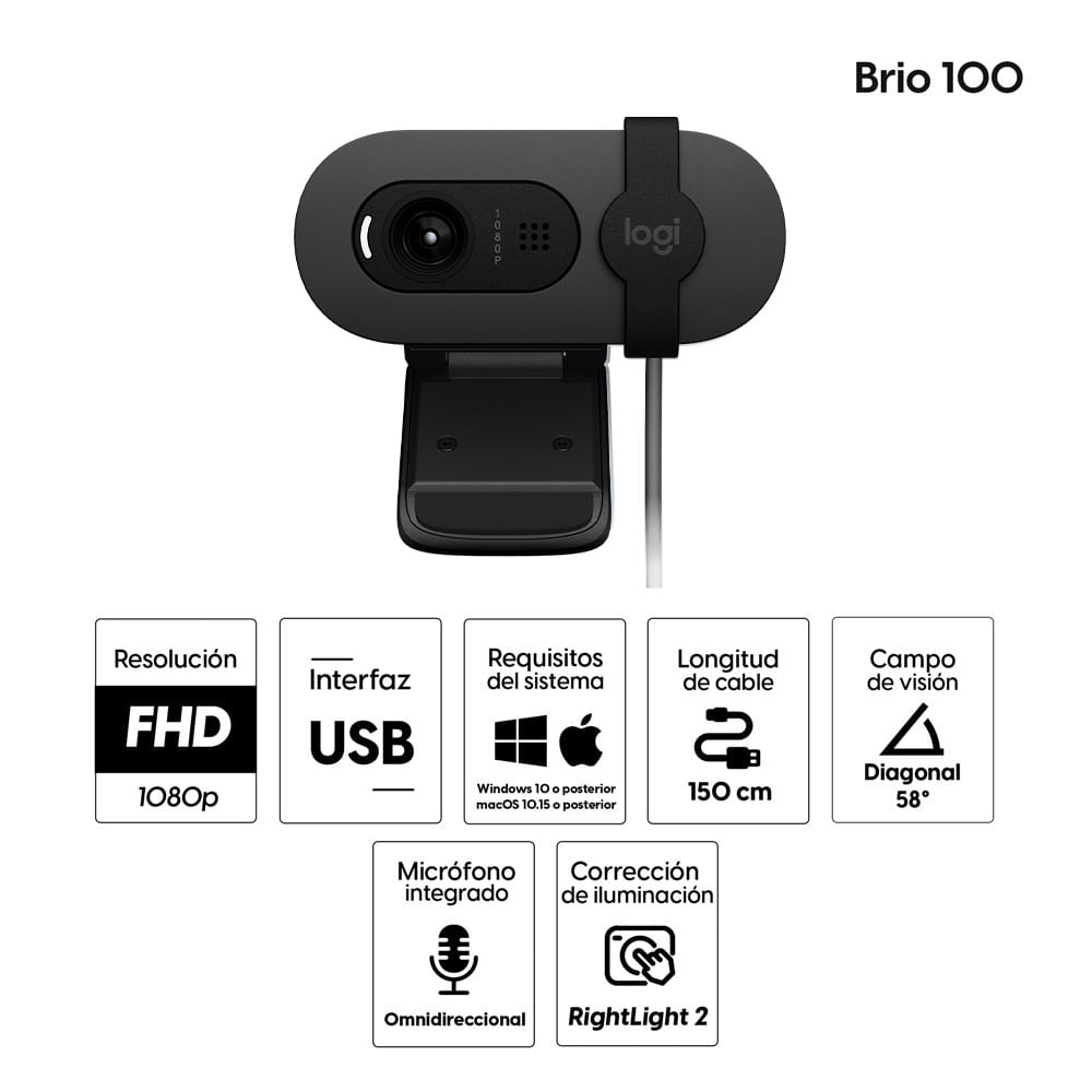 Imagen 2 del producto Cámara web Logitech Brio 100 FHD 1080p, conexión USB, micrófono integrado, tapa de privacidad, cable 1.5 m, negro