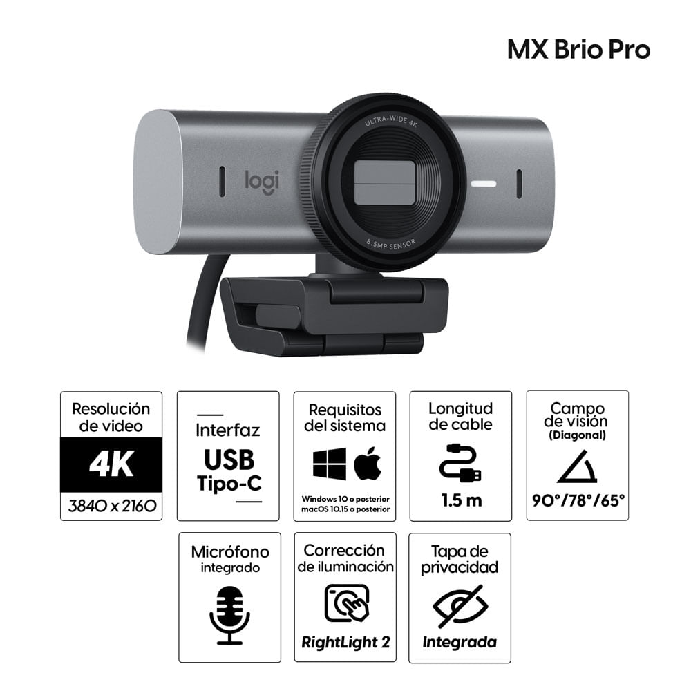 Imagen 2 del producto Cámara web Logitech MX Brio Pro 700 UHD 4K, conexión USB Tipo-C, micrófono integrado, tapa de privacidad, cable 1.5 m, gris