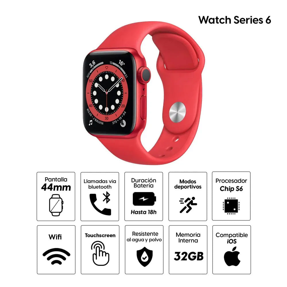 Imagen 2 del producto Smartwatch Apple Watch Series 6 gps, resistente al agua, modos deportivos, máx. 18 horas, 40mm, rojo