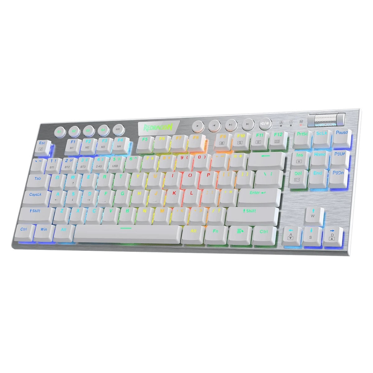 Teclado gamer Redragon Horus K618W mecánico, inalámbrico/alámbrico, conexión receptor USB-C/bluetooth/2.4GHz, largo de cable 1.8m, luces RGB, blanco