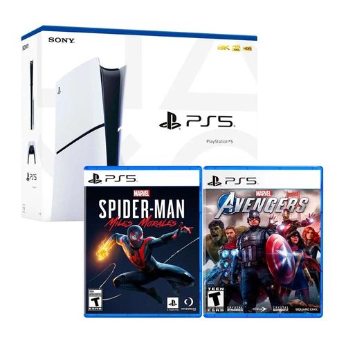 Consola Playstation 5 Slim con lector de discos, 1TB + Marvel Avengers + Spider-Man Morales