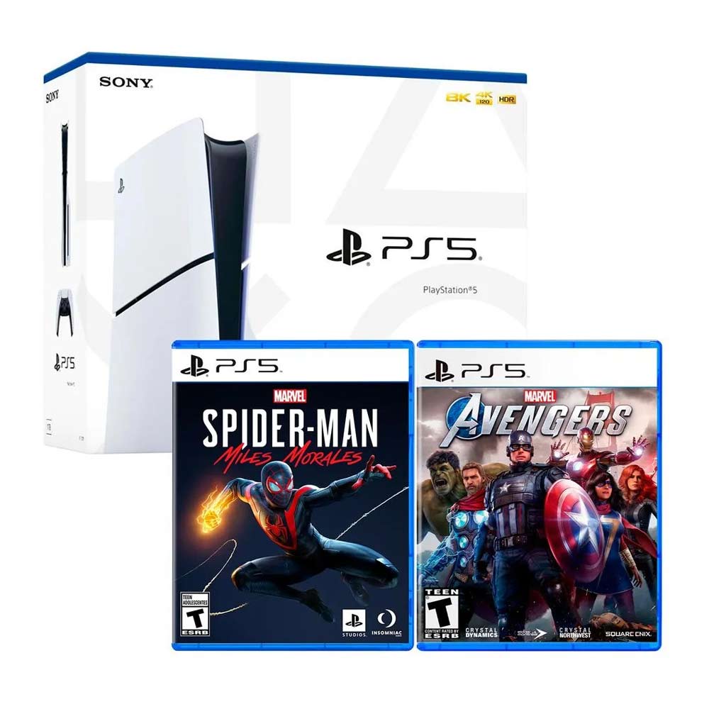 Consola Playstation 5 Slim con lector de discos, 1TB + Marvel Avengers + Spider-Man Morales