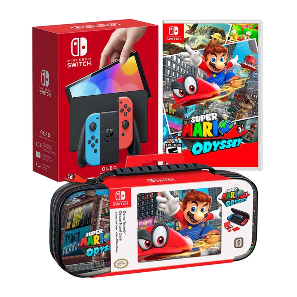 Consola Nintendo Switch Oled 64GB, neón rojo y azul + Juego Mario Odyssey + Estuche Mario Odyssey