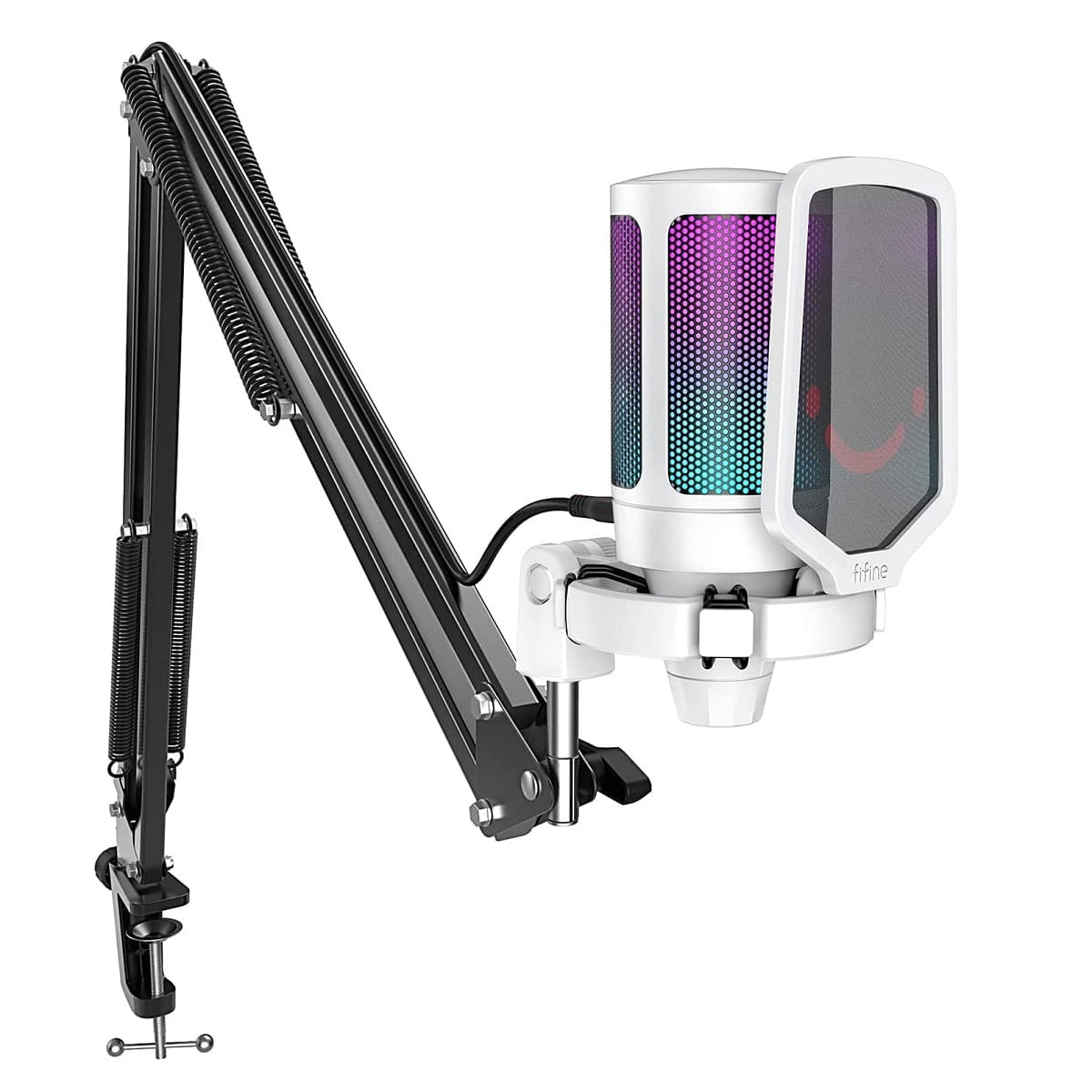 Micrófono Fifine Ampligame A6V de condensador, cardioide, alámbrico, conexión USB, 60Hz-18kHz, luces RGB, blanco