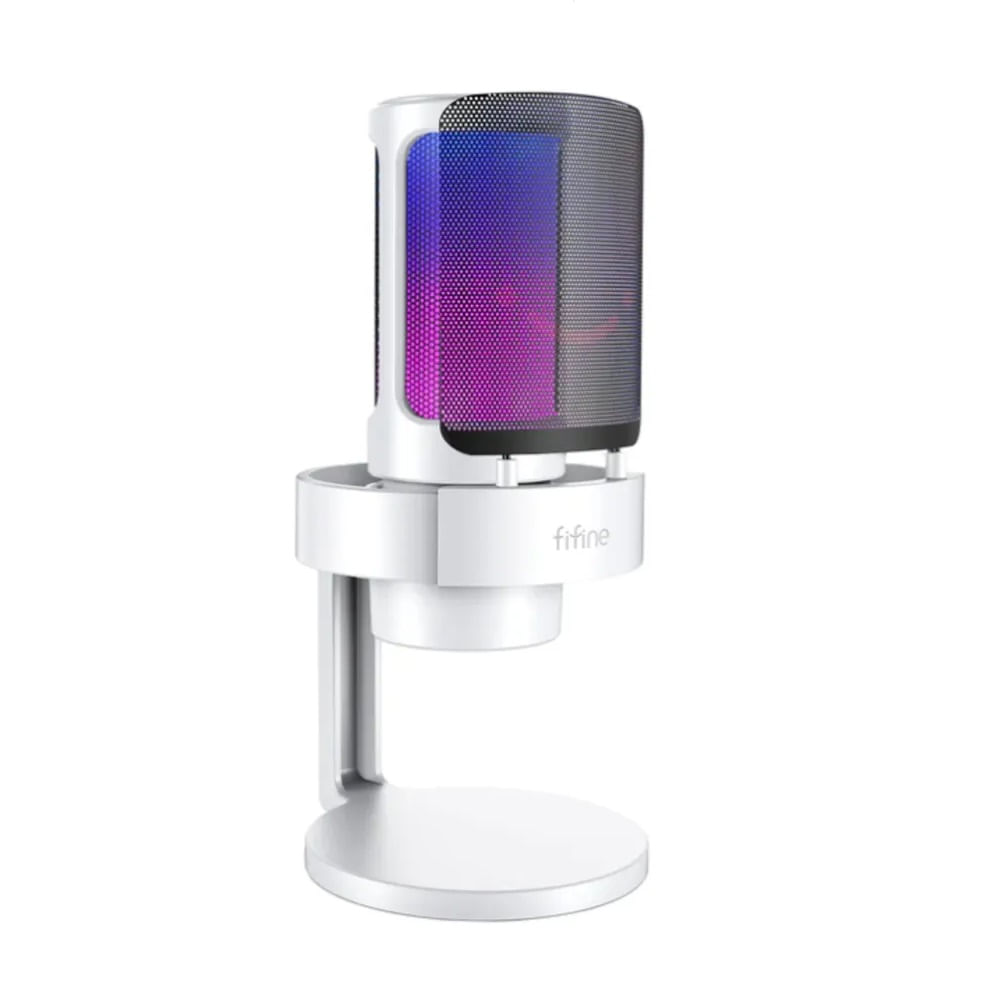 Micrófono Fifine Ampligame A8 de condensador, cardioide, alámbrico, conexión USB-C, 50Hz-20kHz, luces RGB, blanco