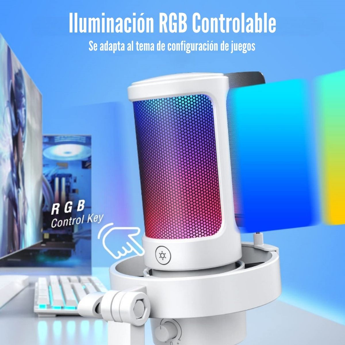 Imagen 2 del producto Micrófono Fifine Ampligame A8 de condensador, cardioide, alámbrico, conexión USB-C, 50Hz-20kHz, luces RGB, blanco