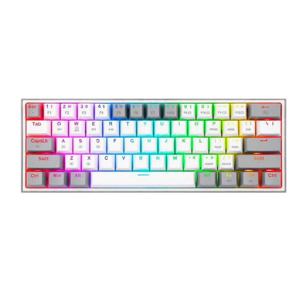Teclado gamer Redragon Fizz Pro K616 mecánico, inalámbrico, conexión receptor USB/bluetooth/2.4 GHz, luces RGB, blanco con gris