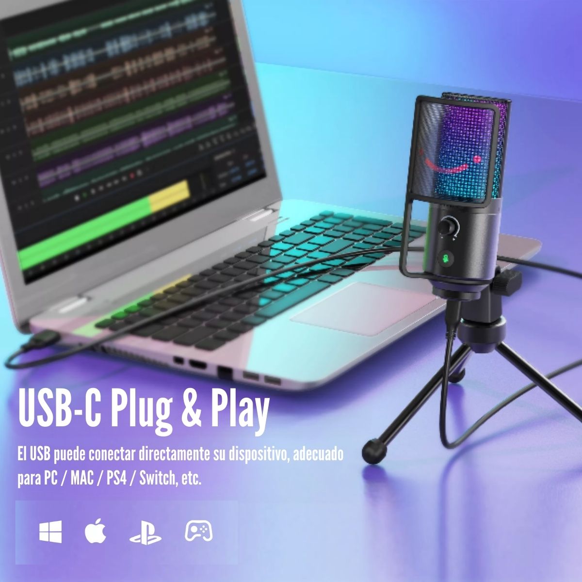 Imagen 2 del producto Micrófono Fifine K669 Pro 3 de condensador, cardioide, alámbrico, conexión USB, 20Hz-20kHz, luces RGB, blanco