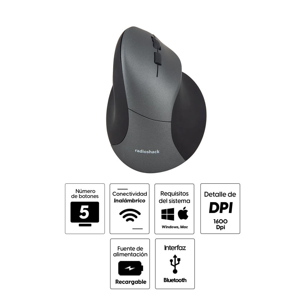 Imagen 2 del producto Mouse ergonómico inalámbrico vertical Radioshack, bluetooth, 800/1000/1600 dpi, 5 botones, recargable, negro (reempacado)