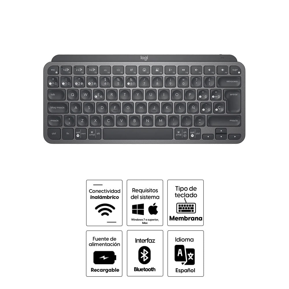 Imagen 2 del producto Teclado inalámbrico Logitech MX KEYS mini, bluetooth, minimalista, iluminado, recargable, grafito (reempacado)