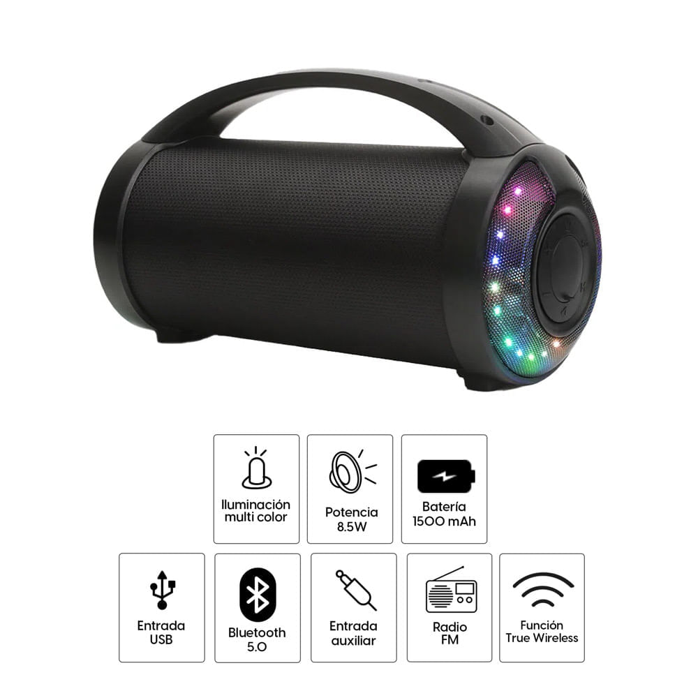 Imagen 2 del producto Parlante bluetooth Decibel Carry Tune 2 portátil 8.5W, luces RGB, Radio FM, conexión USB/Aux, Función True Wireless, negro (reempacado)