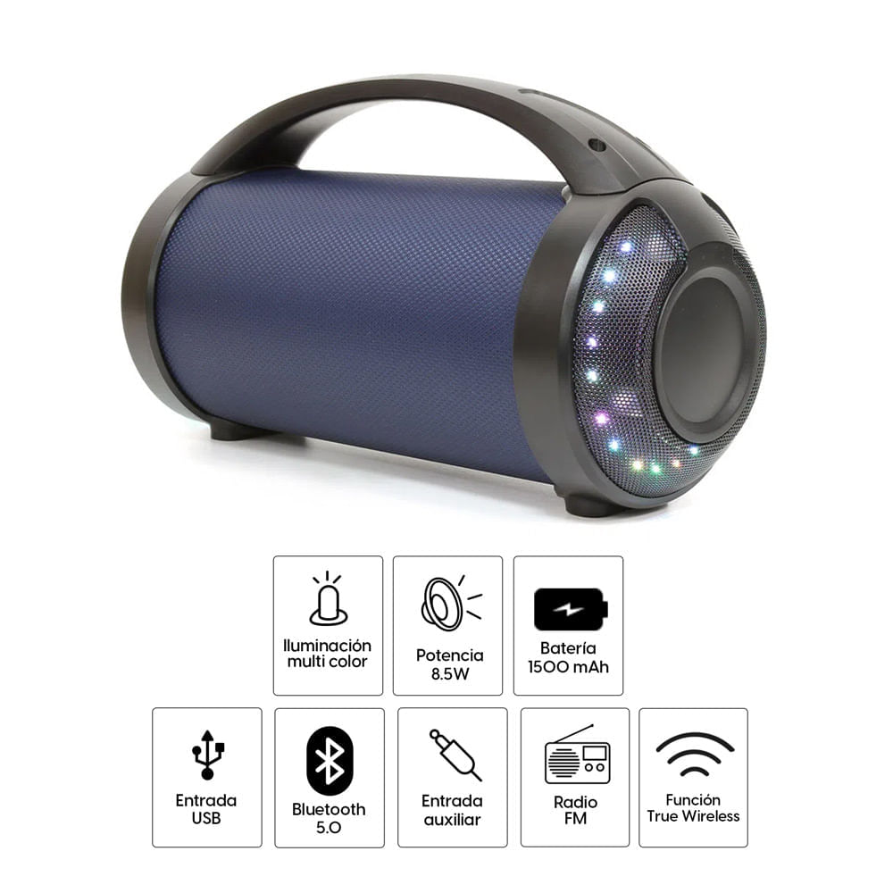 Imagen 2 del producto Parlante bluetooth Decibel Carry Tune 2 portátil 8.5W, luces RGB, Radio FM, conexión USB/Aux, Función True Wireless, azul (reempacado)