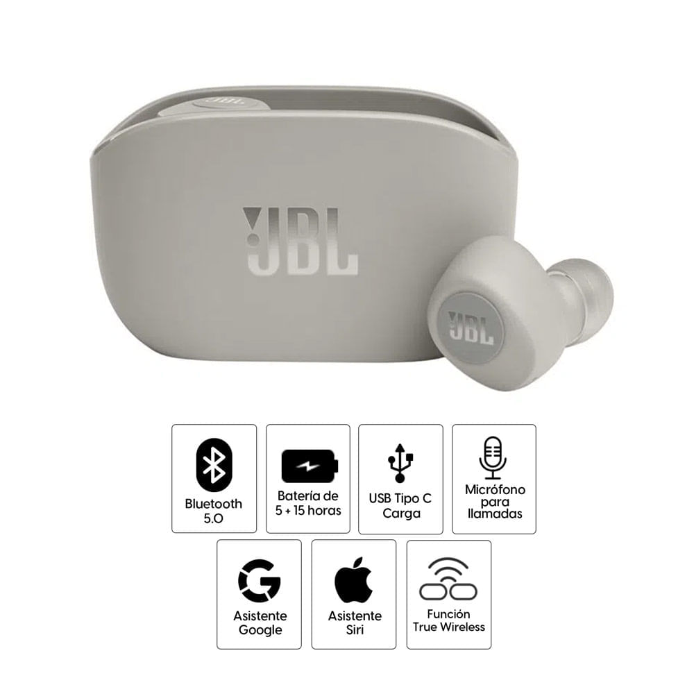 Imagen 2 del producto Audífonos bluetooth True Wireless JBL Wave 100 Deep Bass duración máx. 5 horas, control de música y llamadas, ivory (reempacado)
