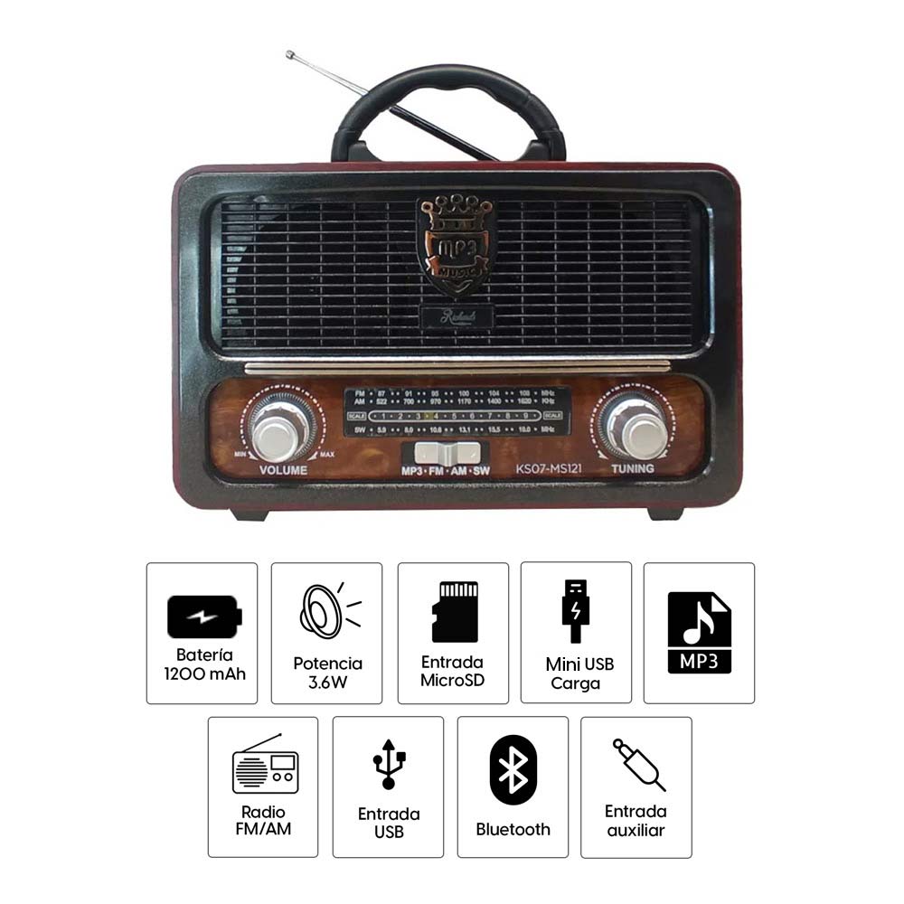 Imagen 2 del producto Radio portátil Richards Vintage Madrid, bluetooth, AM y FM, batería recargable con enchufe o modo pilas + control remoto (reempacado)
