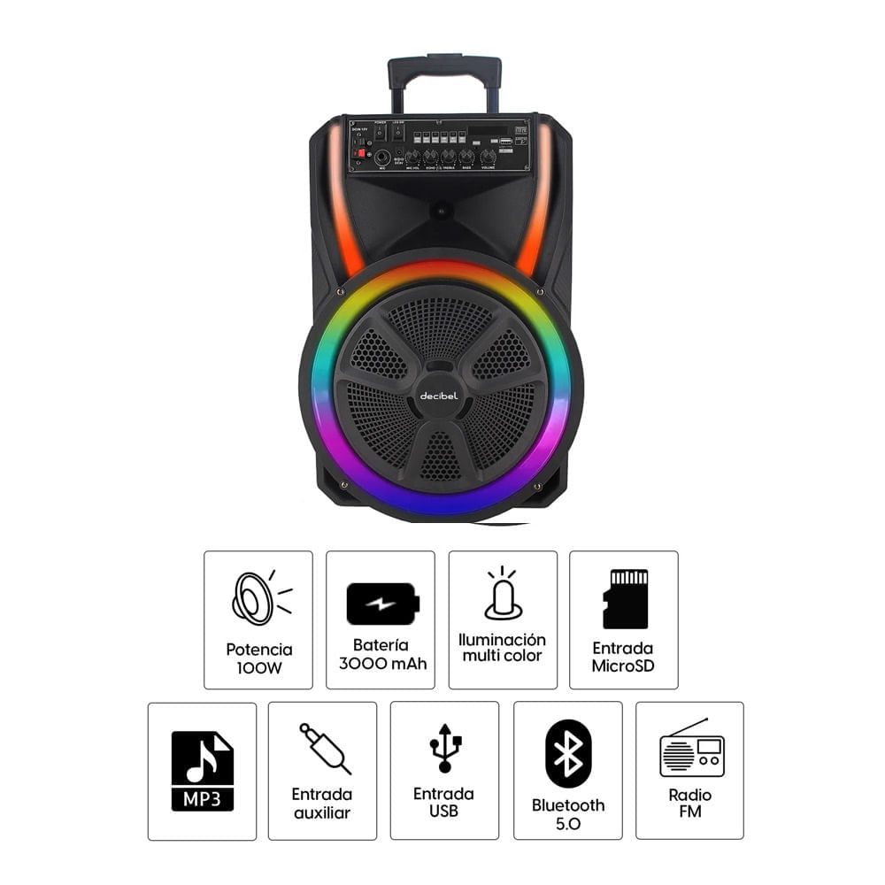 Imagen 2 del producto Parlante torre bluetooth Decibel, altavoces de 12'', 100W, luces LED, FM, SD, USB, AUX, control remoto (reempacado)