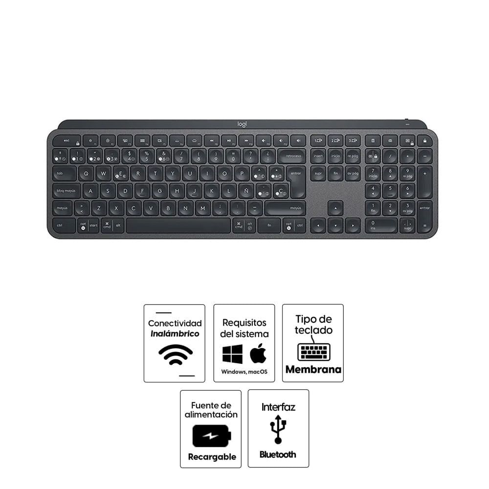 Imagen 2 del producto Reacondicionado: Teclado inalámbrico Logitech MX KEYS, membrana, bluetooth, recargable, layout español, negro