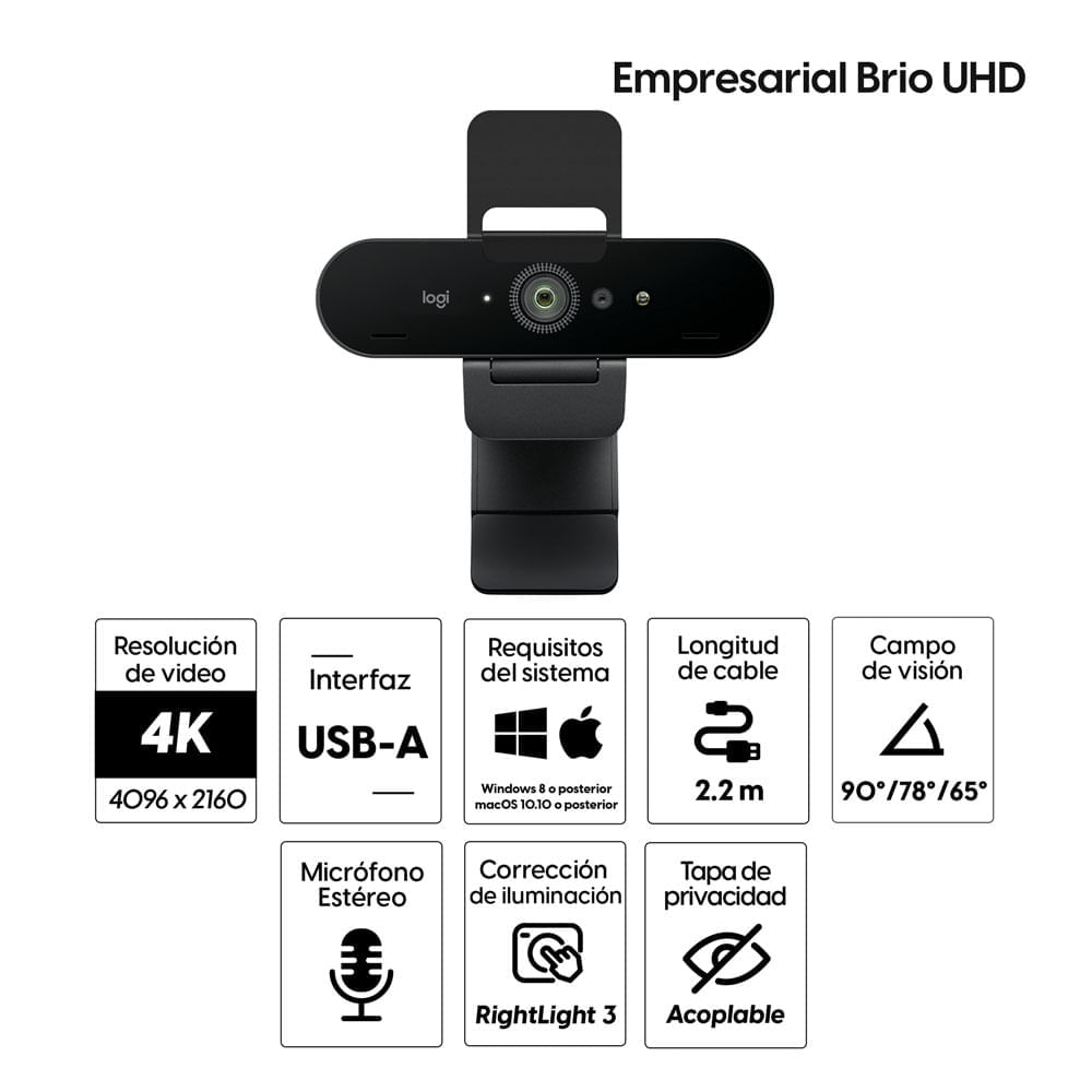 Imagen 2 del producto Reacondicionado: Cámara web Logitech empresarial Brio UHD 4K, conexión USB, micrófono integrado, tapa de privacidad, cable 2 m, negro
