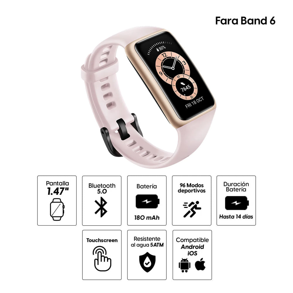 Imagen 2 del producto Reacondicionado: Smartband Huawei Fara Band 6 resistente al agua, máx. 14 días, 96 modos deportivos, 1.47"", rosado