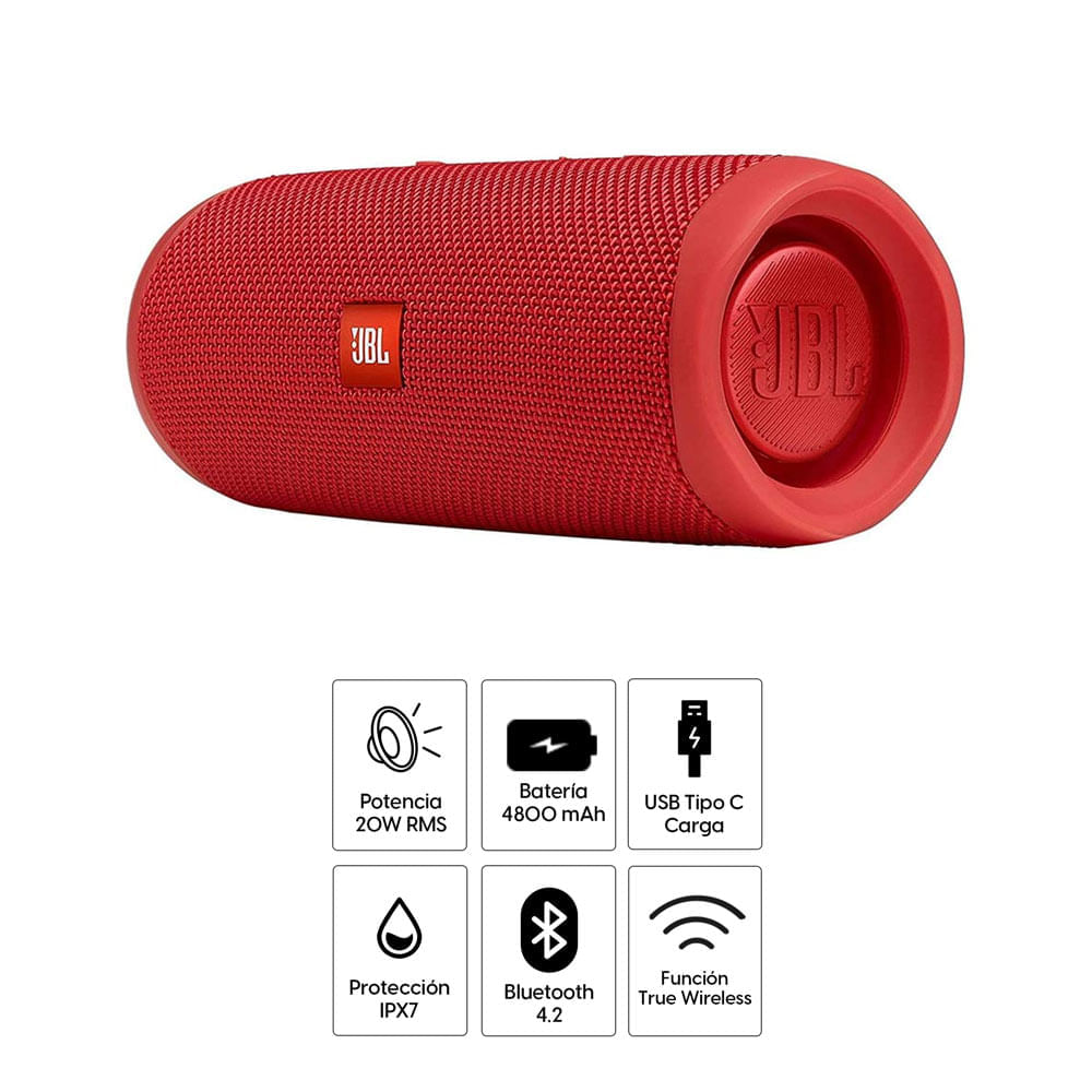 Imagen 2 del producto Reacondicionado: Parlante bluetooth JBL Flip 5 potencia 20W, resistente al agua IPX7, hasta 12 horas de reproducción, rojo