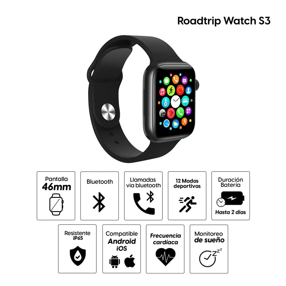 Imagen 2 del producto Reacondicionado: Smartwatch Roadtrip Watch S3 46mm, IP65, detección de frecuencia cardiaca, llamadas BT, negro + correa deportiva Blanca