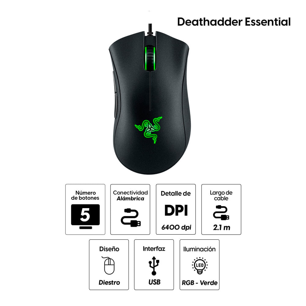 Imagen 2 del producto Reacondicionado: Mouse gamer Razer Deathadder Essential, 5 botones, 6400 dpi, luz verde, negro