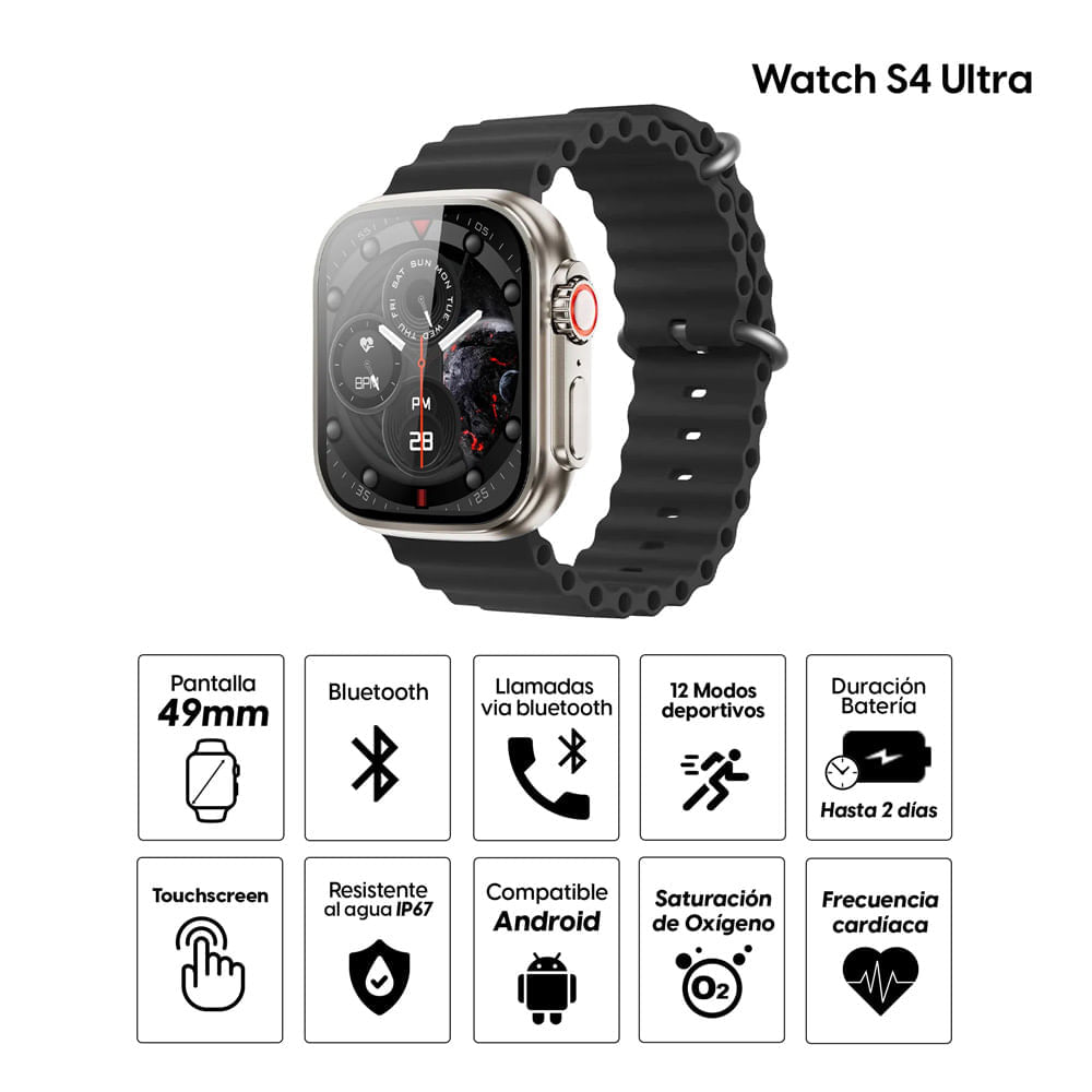 Imagen 2 del producto Reacondicionado: Smartwatch Roadtrip Watch S4 Ultra 49mm, llamada BT, IP67, SPo2, correa negra + correa naranja