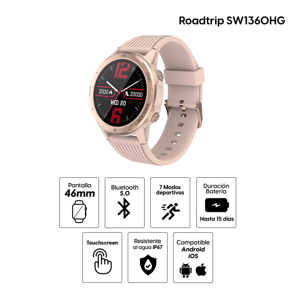 Imagen 2 del producto Reacondicionado: Smartwatch Roadtrip SW1360HGS almacena hasta 30 canciones, IP67, máx. 15 días, 7 modos deportivos, 1.28""(46mm) rosado + correa blanca